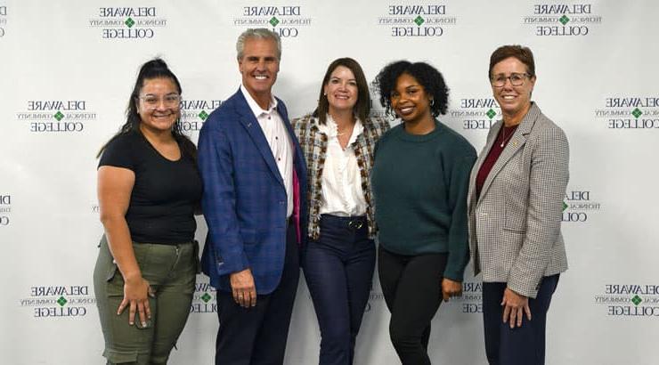 From left: Dr. Bobbi Barends, Delaware Tech vice president and director of the Owens Campus; Alysha Hall, nursing student; Kelli Meoli; Mike Meoli, owner and operator of Meoli Companies McDonald's Restaurants; and Jelissa Lucas, nursing student.