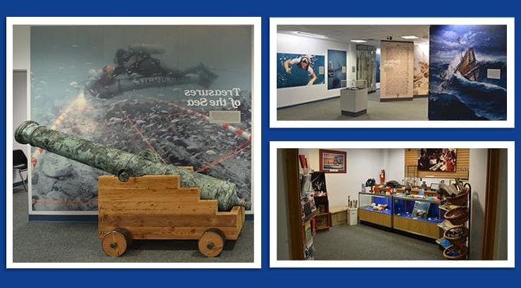 A collage of three images: the top-left image is a photo of the inside of the exhibit, the bottom-left image is a photo of the gift shop, and the image on the right is a photo of a large cannon that is present in the exhibit